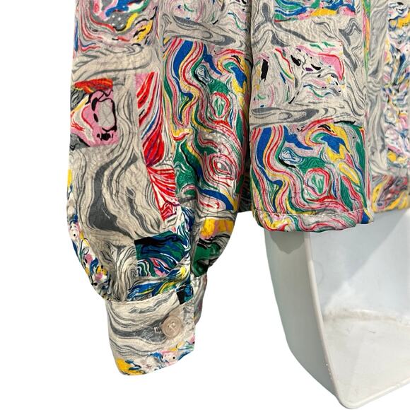 Vintage 80s Gray Rainbow Blue Pink Swirl Satin Scoop Neck Blouse size 10 / M - Picture 9 of 11